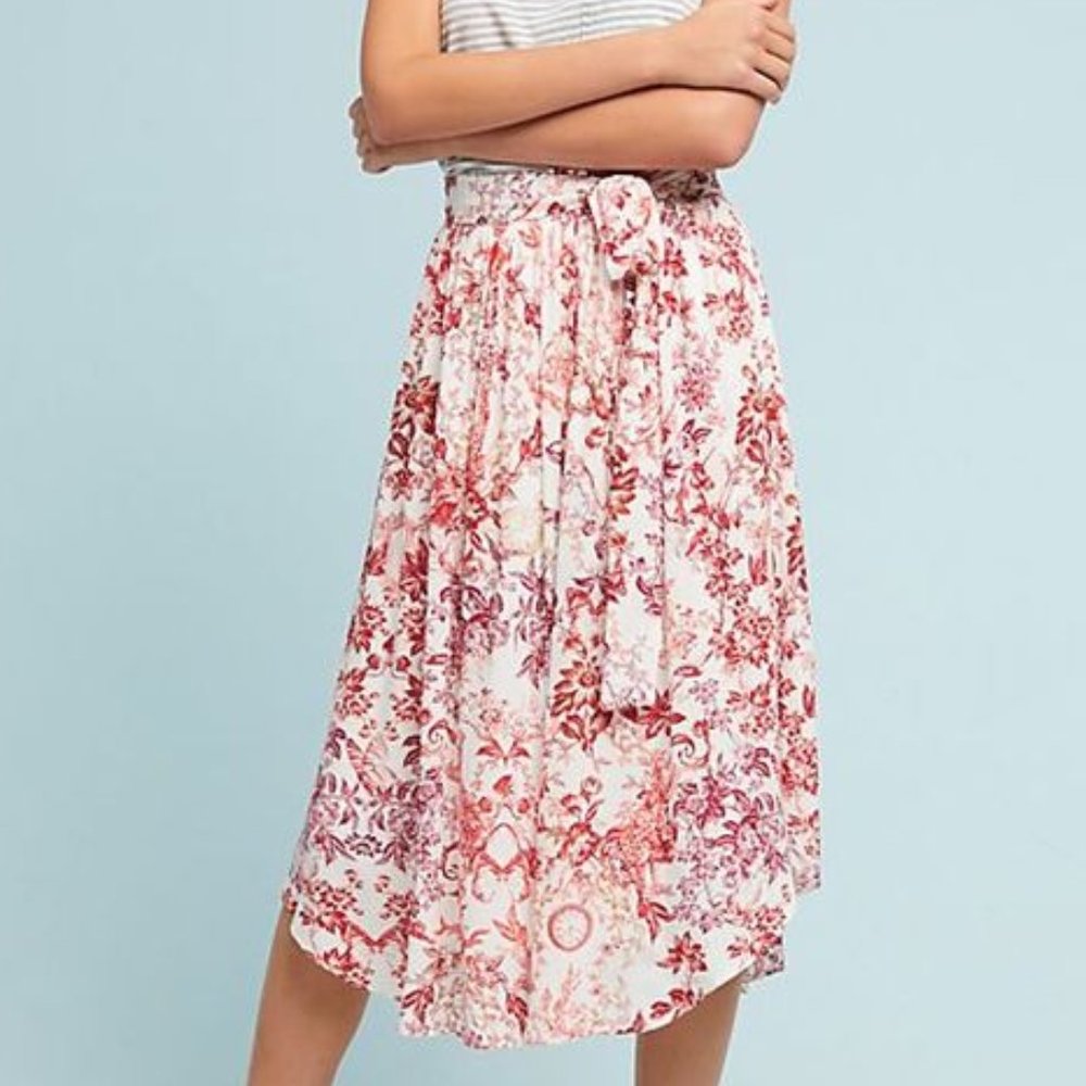 Anthropologie reds & White animal and floral Midi Skirt